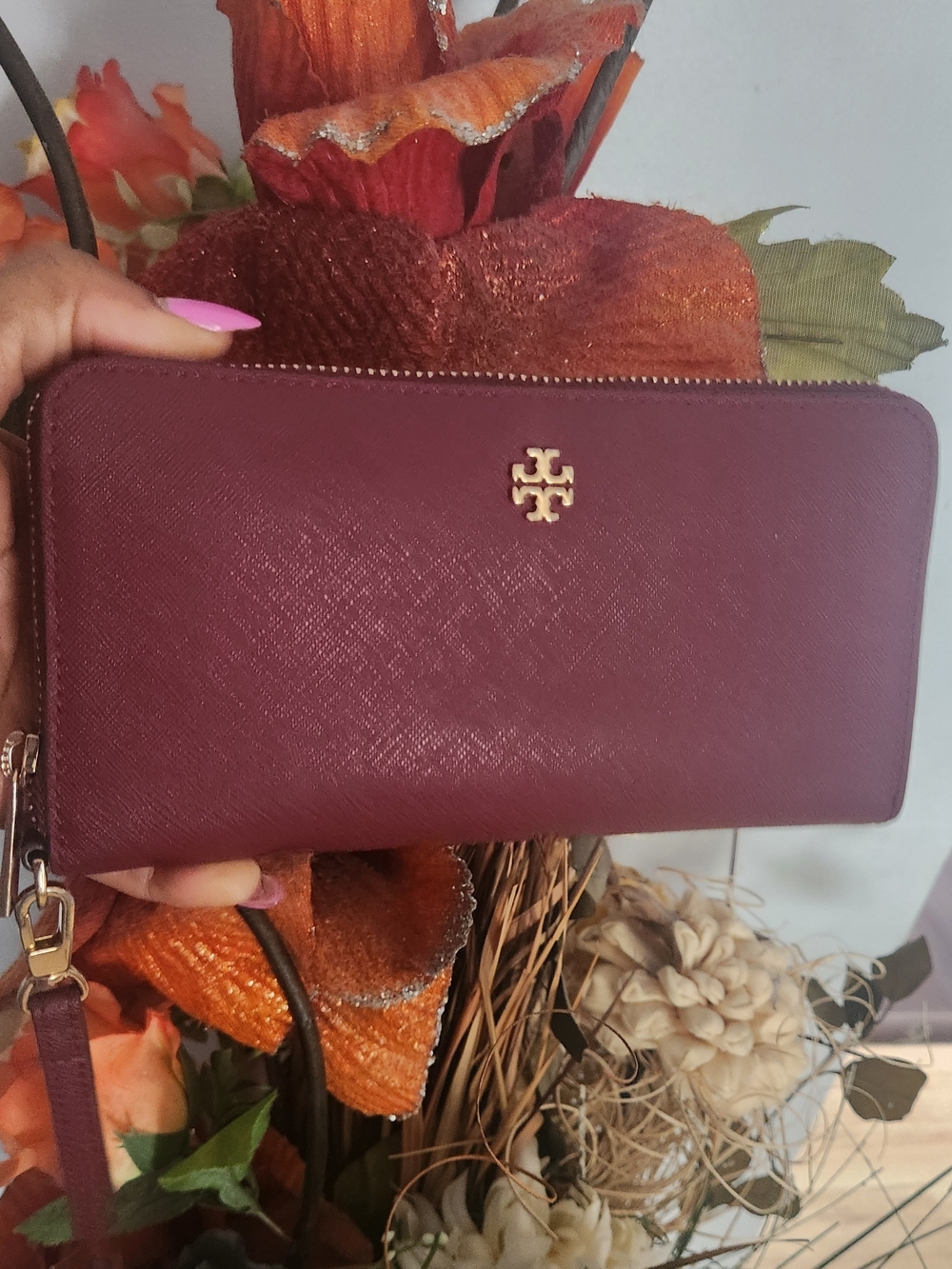 Tory Burch Plum Saffiano Zip-Around Wallet with Gold Logo